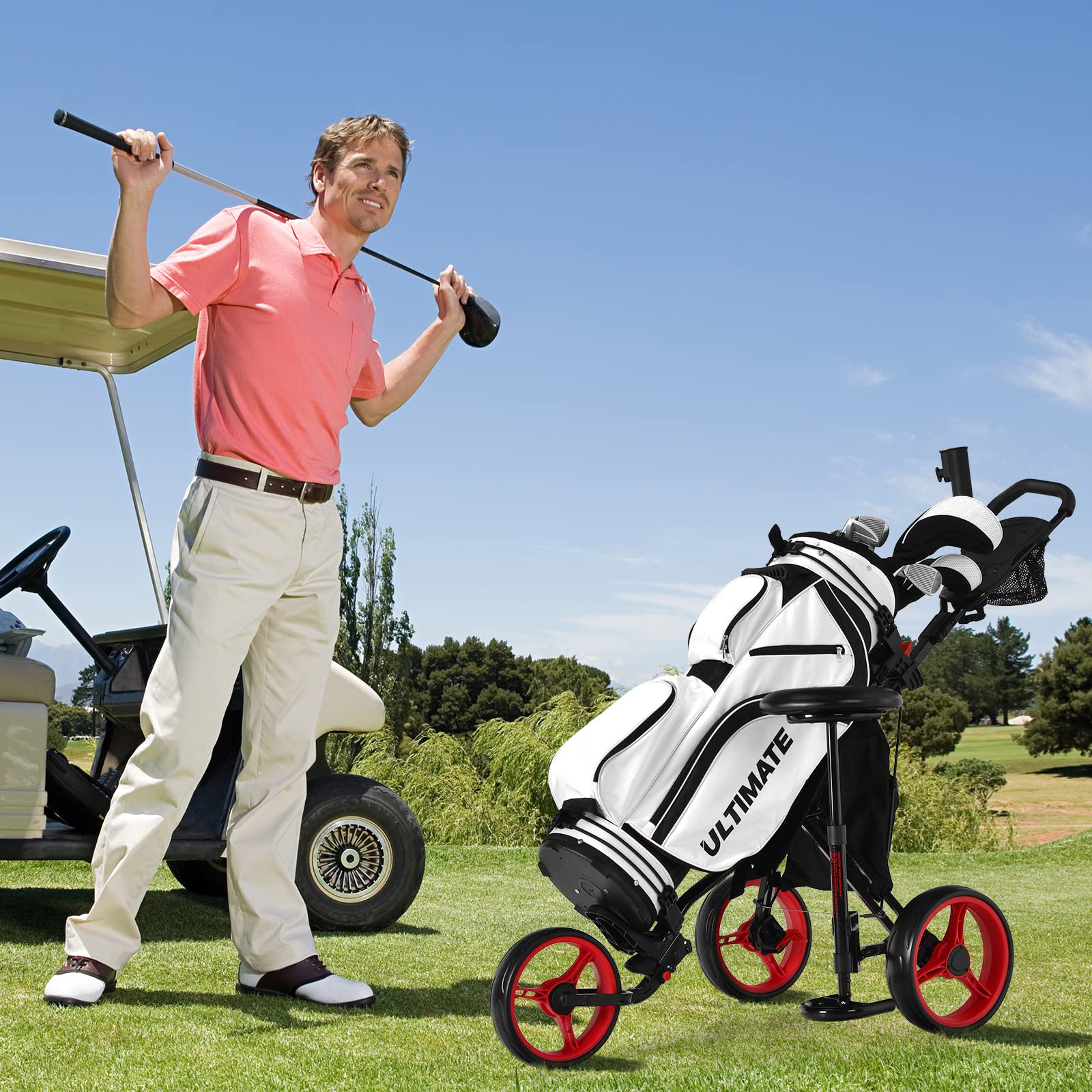 GYMAX Golf Push Trolley klappbar, 3-Rad Golfwagen mit Sitz & Verstellbarer Griff, Golftrolley, Golfcaddy, Golf Push Cart inkl. Scoreboard, Flaschehalter, Schirmhalter & Aufbewahrungstasche