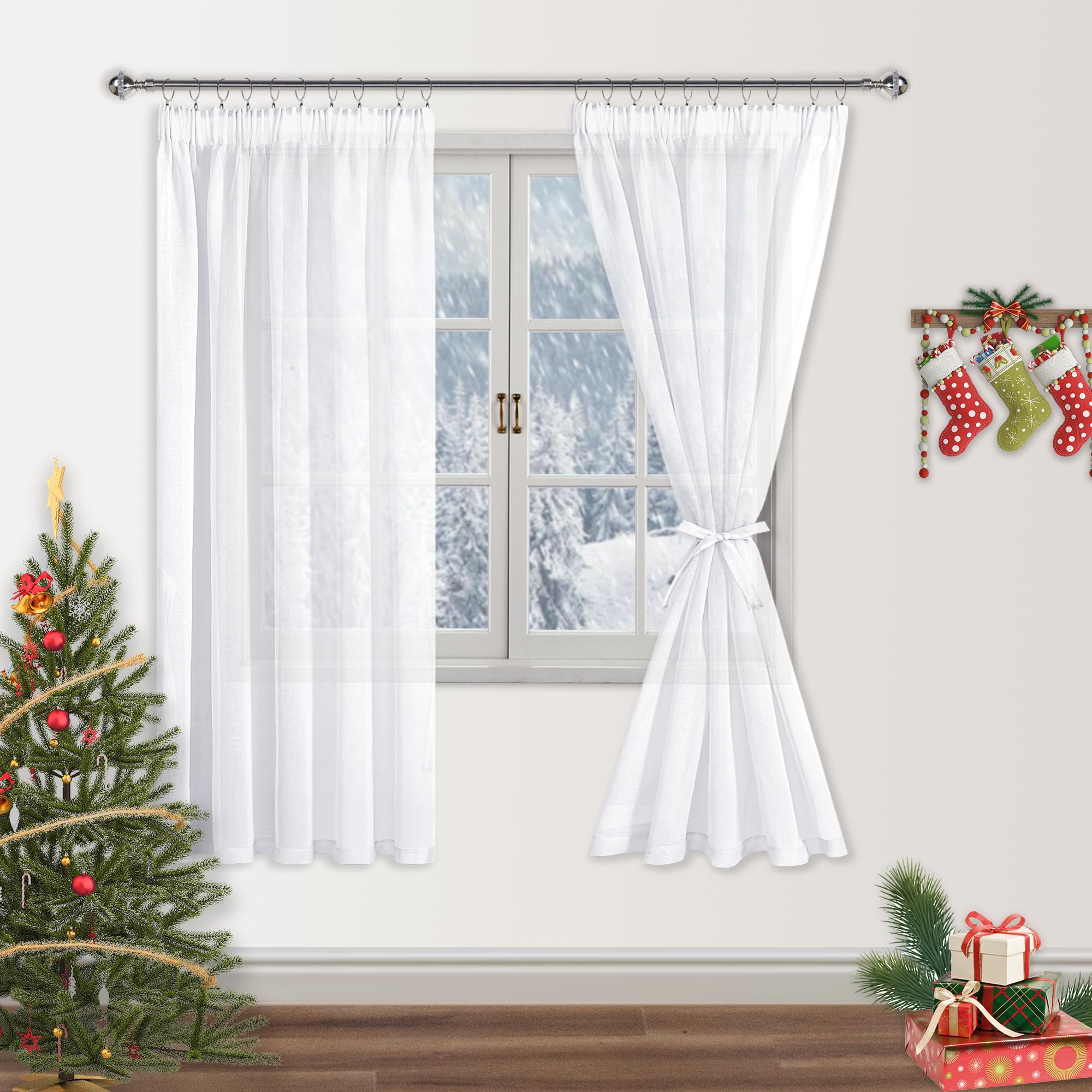 DWCN White Net Curtains with Tiebacks Semi Transparent Voile Pencil Pleat Curtains for Bedroom Curtain Rod Pocket Living Room 2 Panels