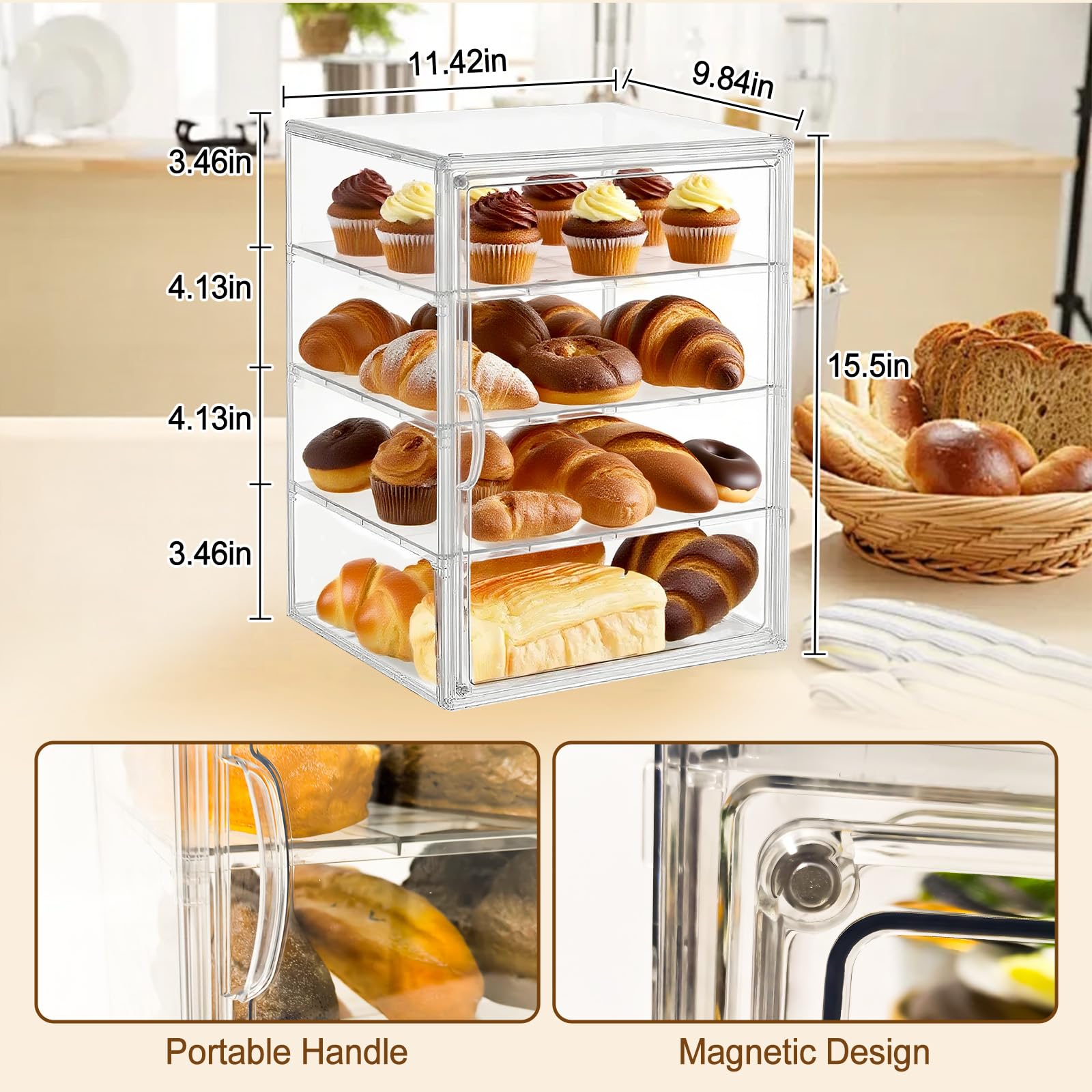 Vitrina de repostería ajustable de 4 capas para encimera de cocina, contenedor grande transparente de almacenamiento de pan con puerta magnética, vitrina de pastelería de 15.6 x 11.5 x 9.9 pulgadas