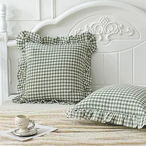 2 Pack Sage Green White Plaid Ruffle Euro Shams Pillow Covers 26x26 inches, 100% Cotton Gingham Checkered Farmhouse Pillowcases for Bed/Sofa (26x26 inches, Sage Green/White Plaid)