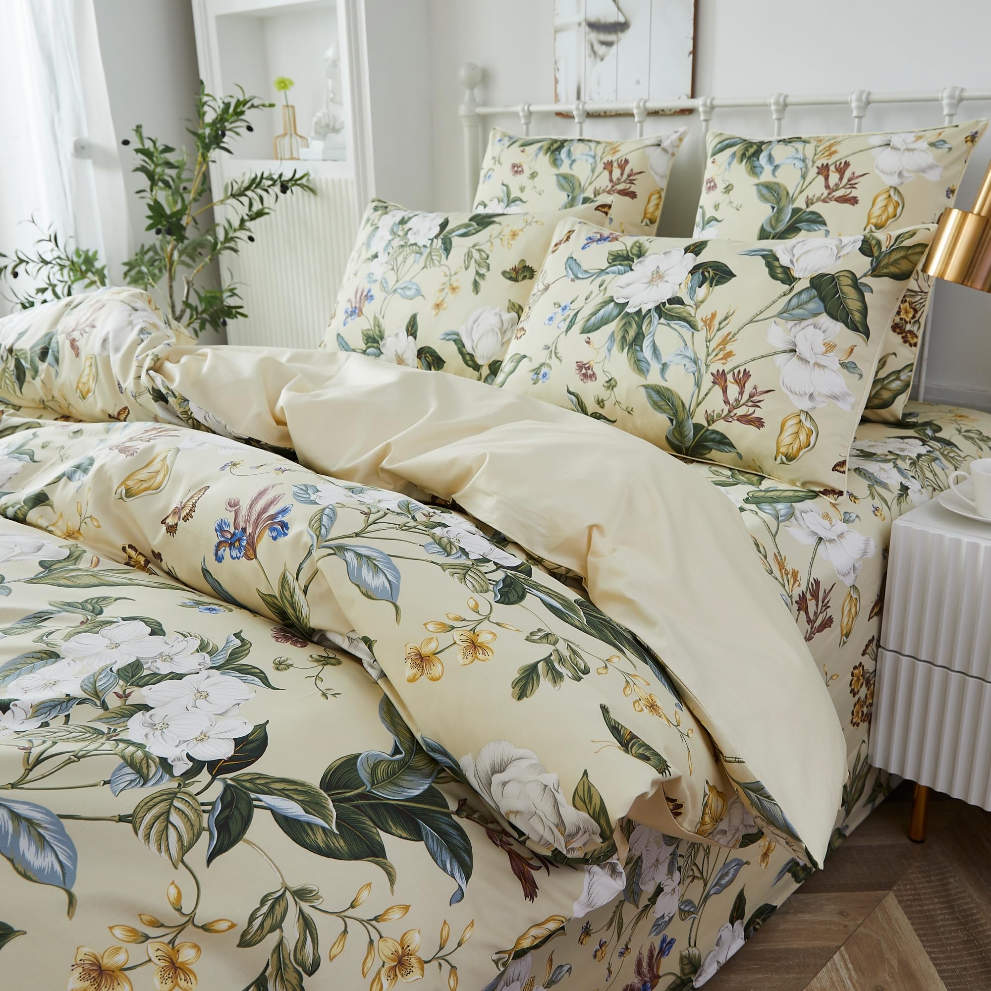 USTIDE Shabby Pastoral Duvet Cover Set Super King 3-Piece Vintage Garden Butterfly Bedding Set 100% Egyptian Cotton Duvet Set - Image 3