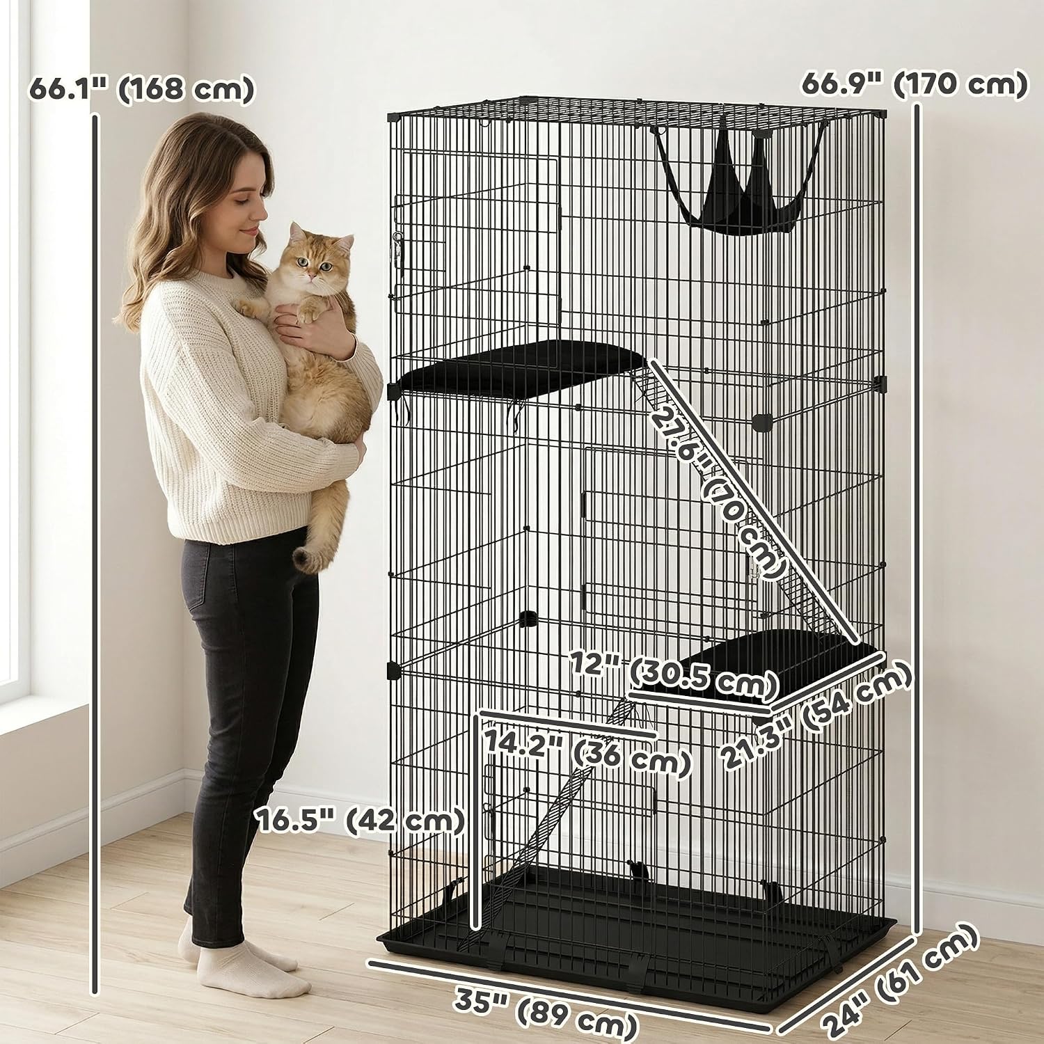 Diagram showing the dimensions of the PawHut 3-Tier Cat Cage: 35 inches (89 cm) length, 24 inches (61 cm) width, and 67 inches (170 cm) height.