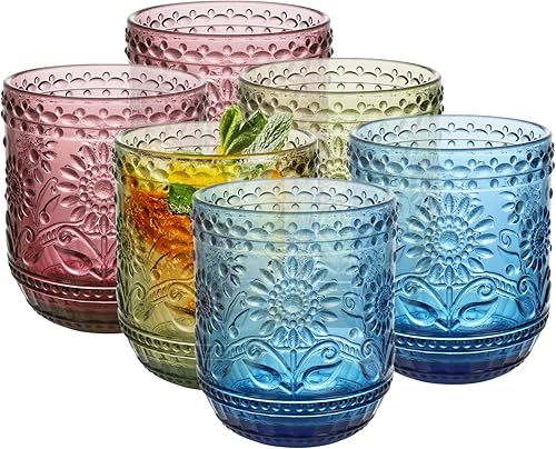 Topsky Juego de 6 vasos de cristal de colores vintage, juego de vasos de girasol verde de 12 onzas, vasos azules para vino, cóctel, jugo, vasos de