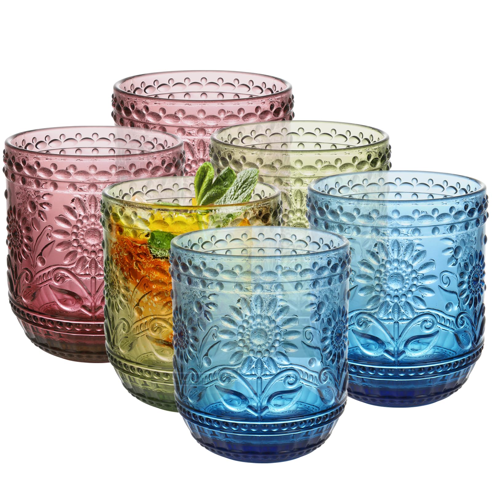 Juego de vasos de cristal de color verde y azul de 6 onzas con relieve para vino y agua