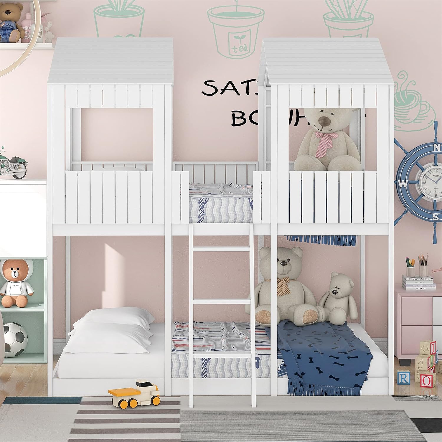 Harper & Bright Designs Full Over Full House Bunk Bed with Roof, Wood House Bunk Bed with Window, Guardrail, Ladder for Kids, Teens, Girls, Boys (White)