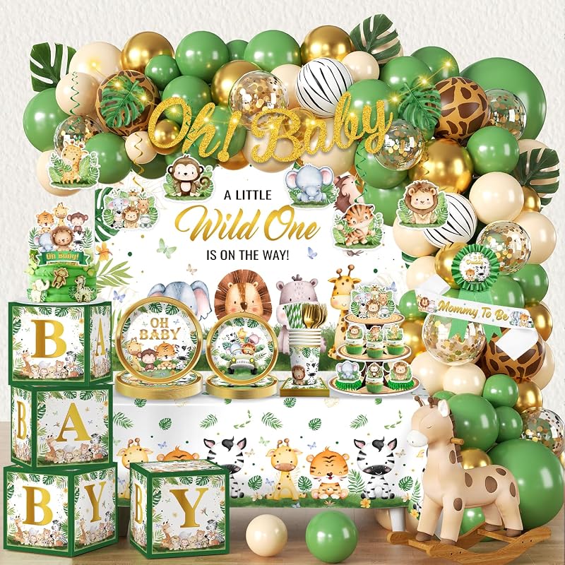 Safari Baby Shower Decorations Decorations, All-in-One Set for 30 Guests | Easy setup, Includes tableware, backdrop, banner, balloon arch, cupcake stand and more for a baby shower decorations