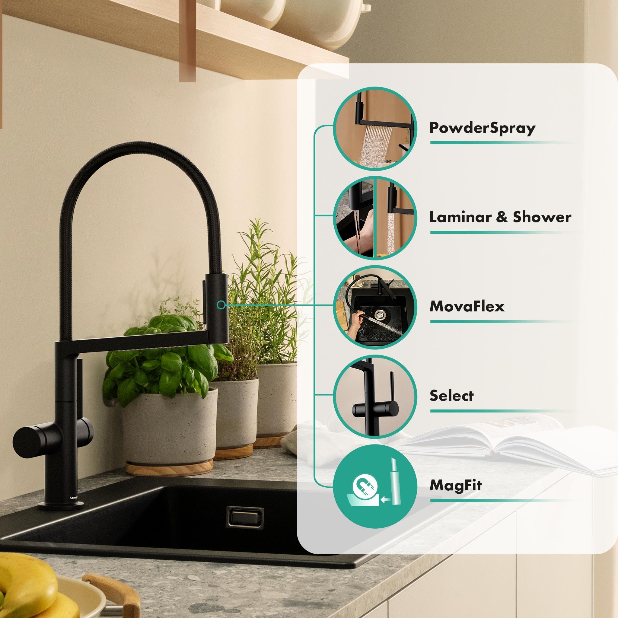 hansgrohe Talis Select M54 PowderSpray - grifo de cocina con ducha extraíble, SemiPro, 3 tipos de chorro, altura del caño 210 mm, grifo cocina fregadero con caño giratorio, negro mate, 72861670