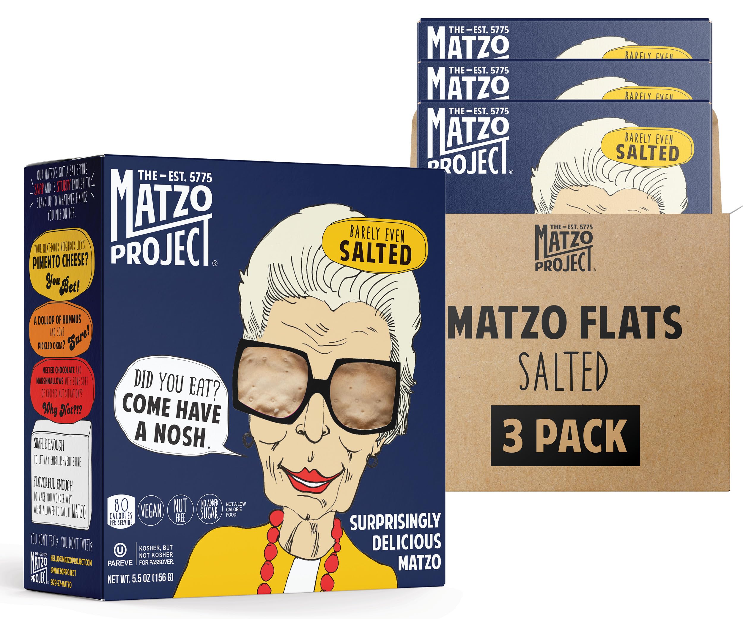 Crispy Matzo Flats by The Matzo Project, Salted Flatbread Crackers, Kosher but NOT Kosher for Passover, Natural, Vegan, Nut Free, 3-Pack., 5.5 oz. Each