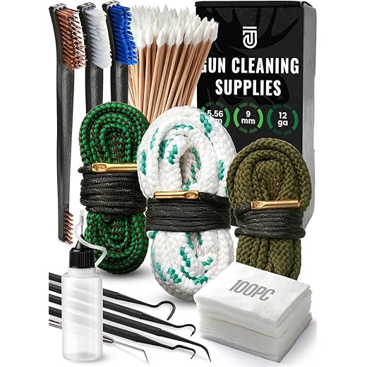 Bore Cleaner Gun Cleaning Kit for 12Ga / 5.56 / 9mm Gun Cleaning Snake, Gun Cleaning Supplies Incl. Gun Cleaning Patches, 6-inch Gun Cleaning Swabs, Gun Brushes, Cleaning Picks, Needle Oil Applicator