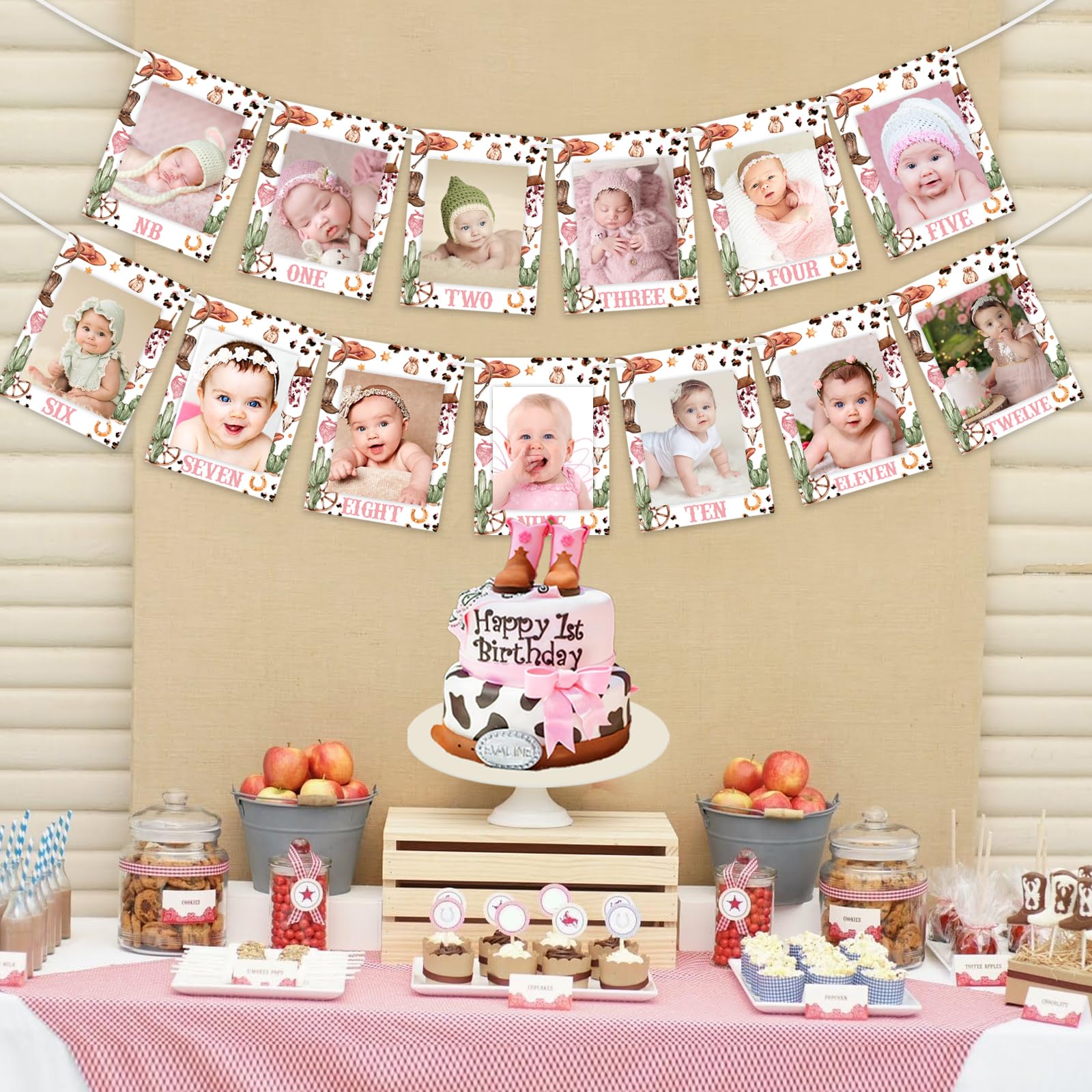 Cowgirl 1. Geburtstag Foto Banner – Pink, 13 Teile, Für Mädchen, Monatliche Meilensteine Bis 12 Monate