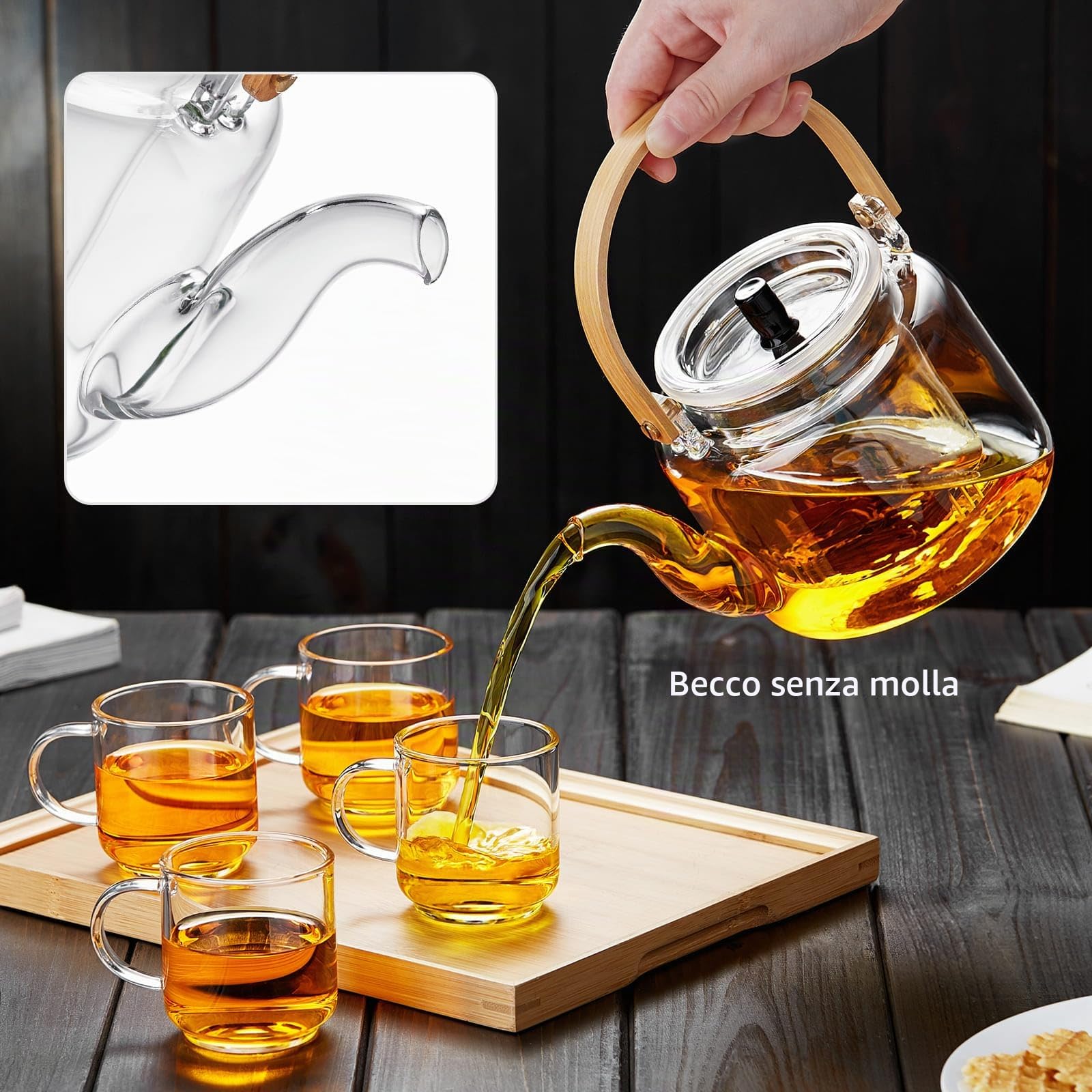 Set Teiera Vetro, MESNEY Teiera con Infusore 1100ml con 4 Tazza da Tè, Vetro Borosilicato, Adatta per Microonde e Piano Cottura