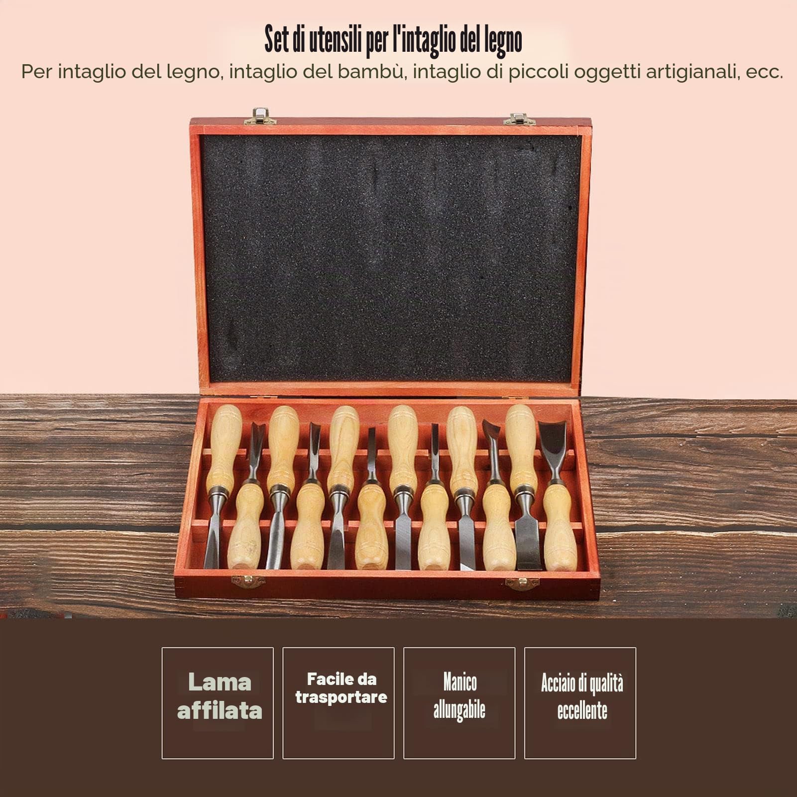Scalpelli per Intagliare Il Legno da 12 Pezzi, Set di Strumenti per Intagliare Il Legno Professionale con 12 Coltelli, Scatola di Immagazzinaggio, Kit di Scalpelli per Scolpire Fai da Te in Acciaio