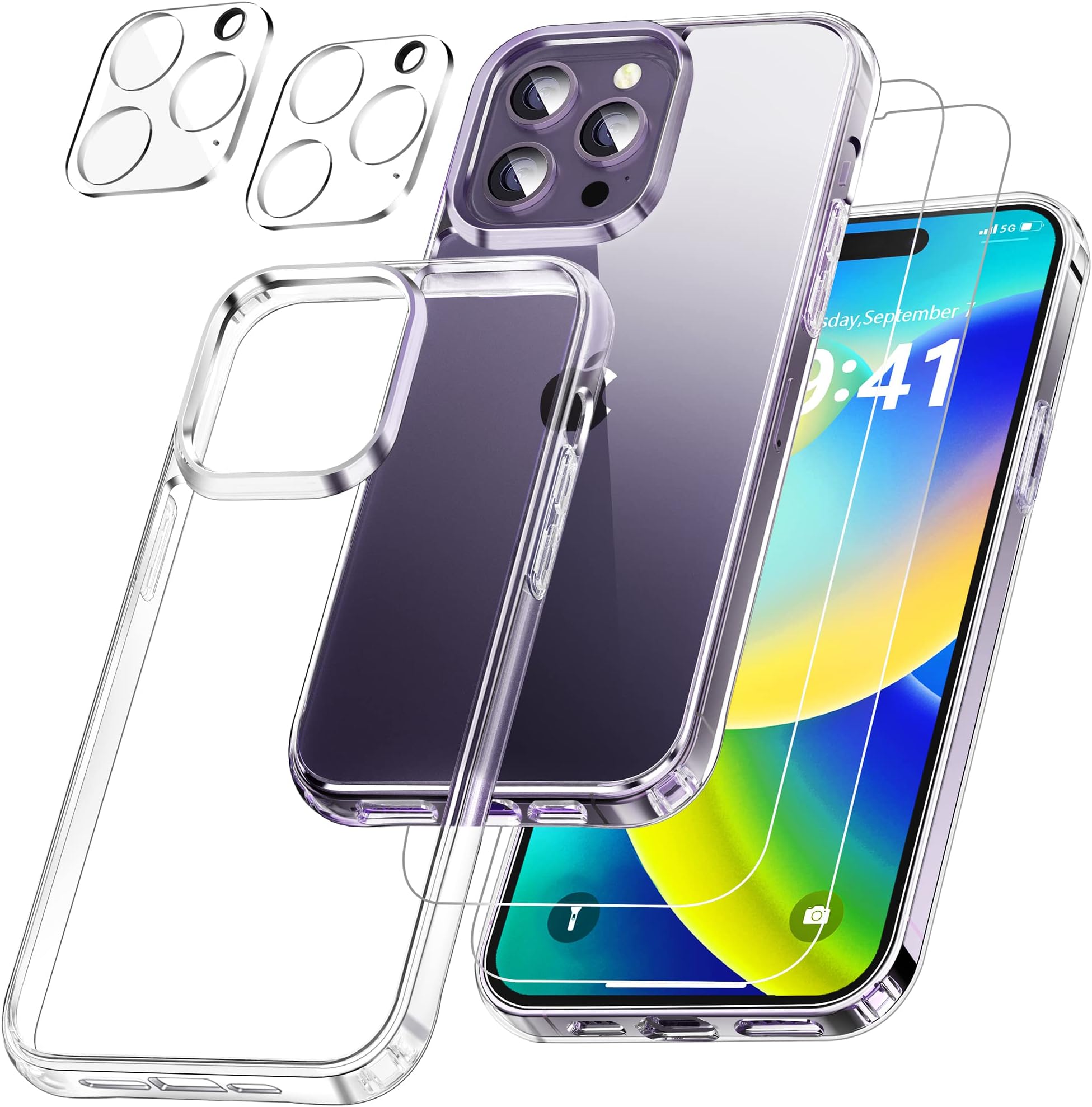 SkylmwProtective Case for iPhone Pro Max 6.7 Inch 2022 [5 in 1] Case with 2 Pcs Tempered Glass Screen Protectors + 2 Pcs Camera Lens Protectors 14 Lever Drop Shockproof Slim Cover (Crystal Clear)