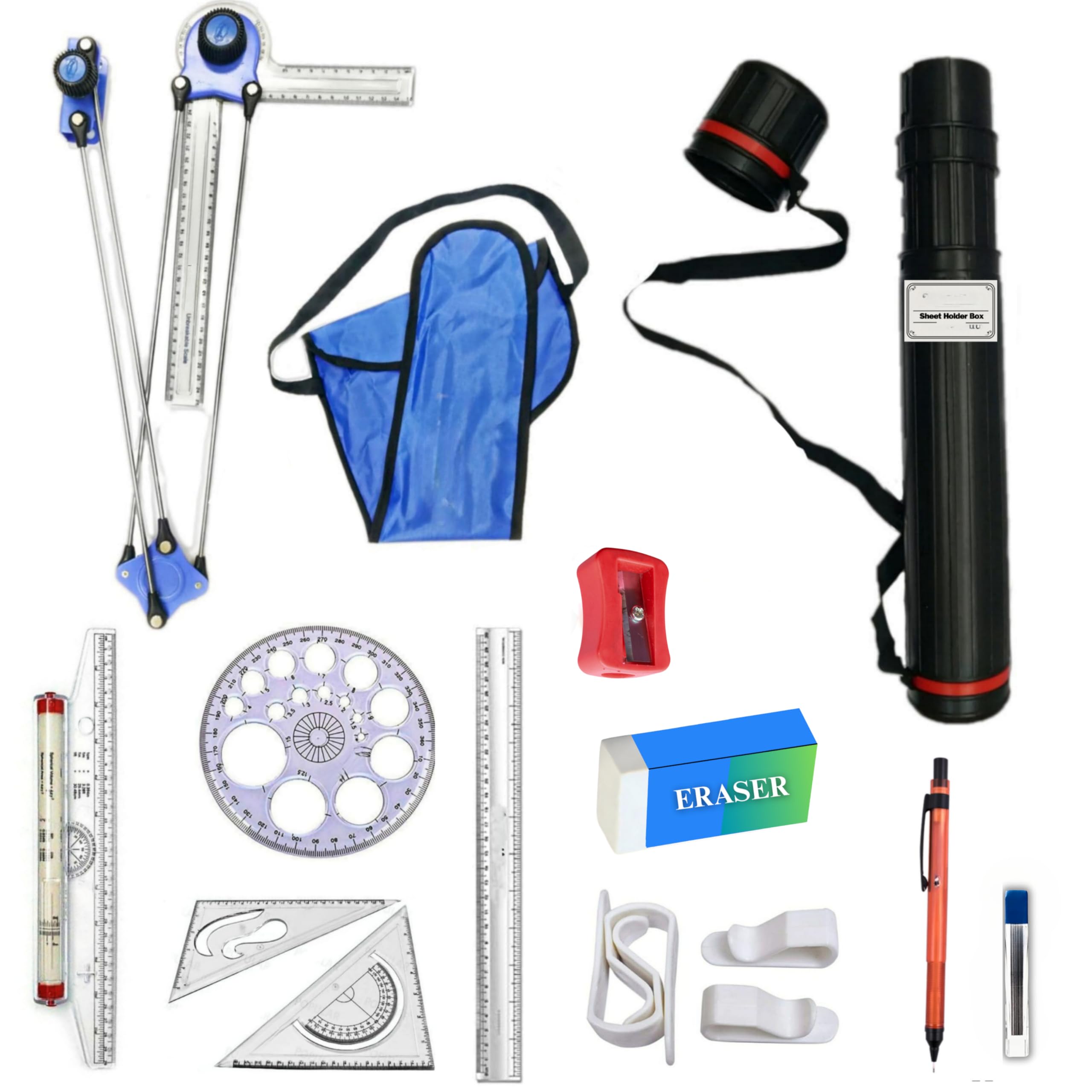 Mini Drafter for Engineering Drawing for Students, Architect, Artist Contains Mini Drafter, Sheet Container Tube, Scale, Procircle Set Square and Board Clips Combo