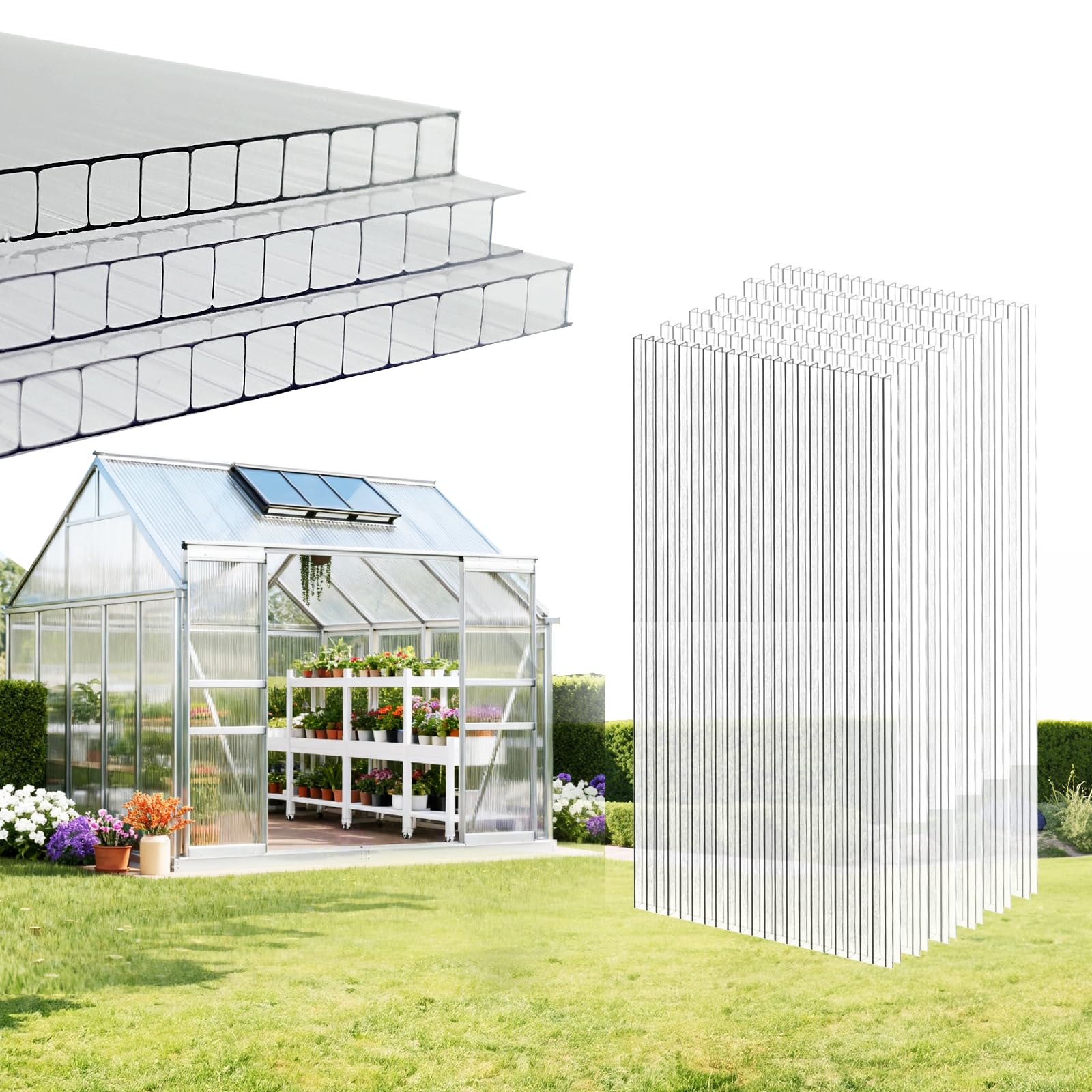 EVERECO 6 Pcs Polycarbonate Greenhouse Panels, 4'FT x 2'FT x 0.24" in Twin-Wall Polycarbonate Sheet, All-Season UV Protected Plastic Roof Sheeting for Greenhouse Covering/Outdoor Garden-image-49