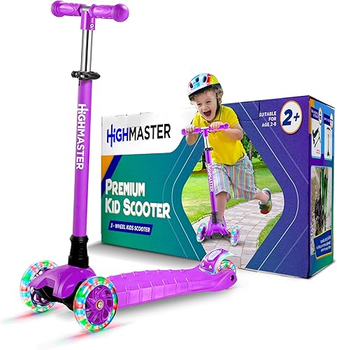 Vista 14 de HighMaster - Patinete para niños – Patinete de 3 ruedas para niños y niños pequeños – Manillar ajustable con luces LED en las ruedas – Diversión