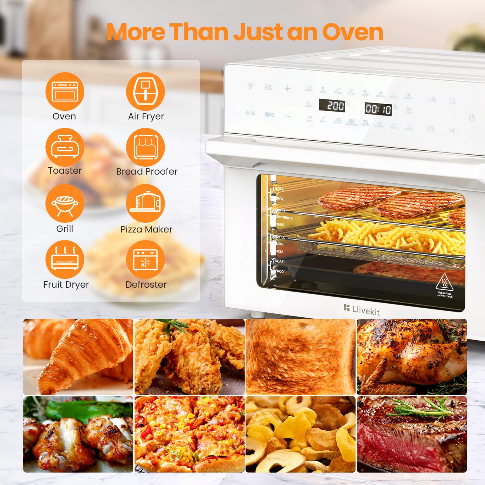 LLIVEKIT XXL Frytkownica powietrzna, piekarnik 30 l z obrotowym rożnem, frytkownica bezolejowa z 20 programami i 9 akcesoriami, wyświetlacz dotykowy LED Air Fryer, konwekcja z przepisami, 1800W, 80°C