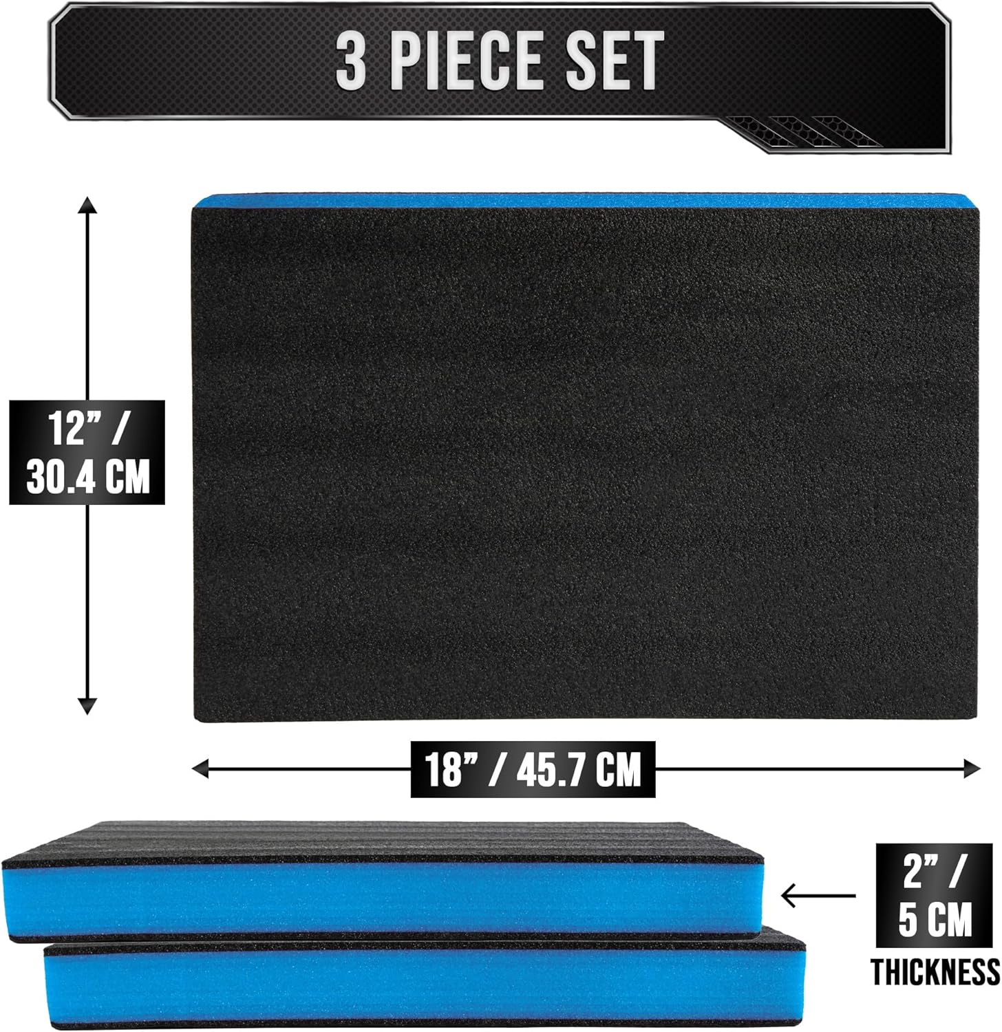 Precision Defined Tool Box Foam - Protective Inserts for Cases, Polyethylene Tool Foam for Cases, Cushion Insert for Toolboxes - 18" Black/Blue (3 pack) 18 x 12-In Black / Blue