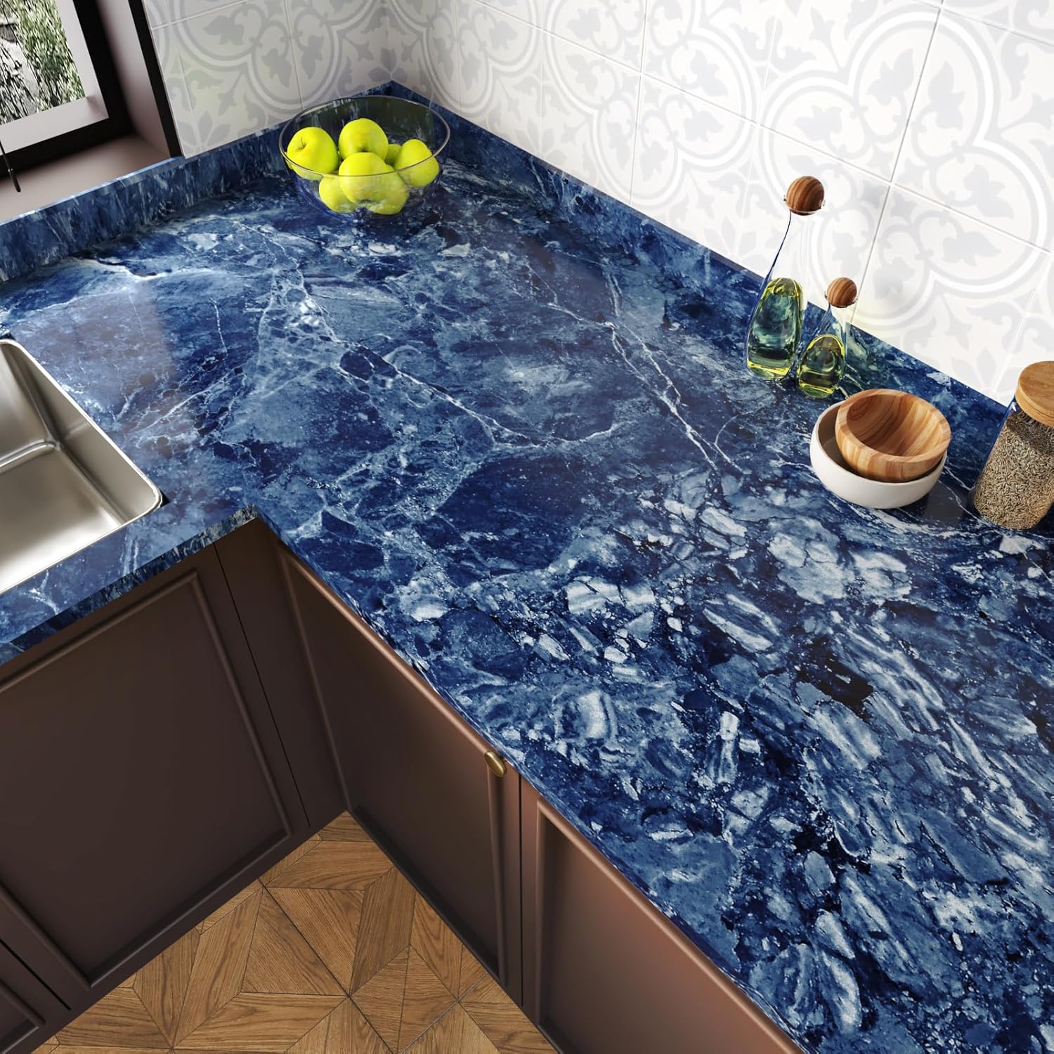 Blue Marble Contact Paper Self-Adhesive Liquid Marble Wallpaper Peel and Stick Waterproof Removable Countertop Contact Paper Vinyl Wallpaper for Kitchen Bathroom Countertop 15.75" x 78.74"