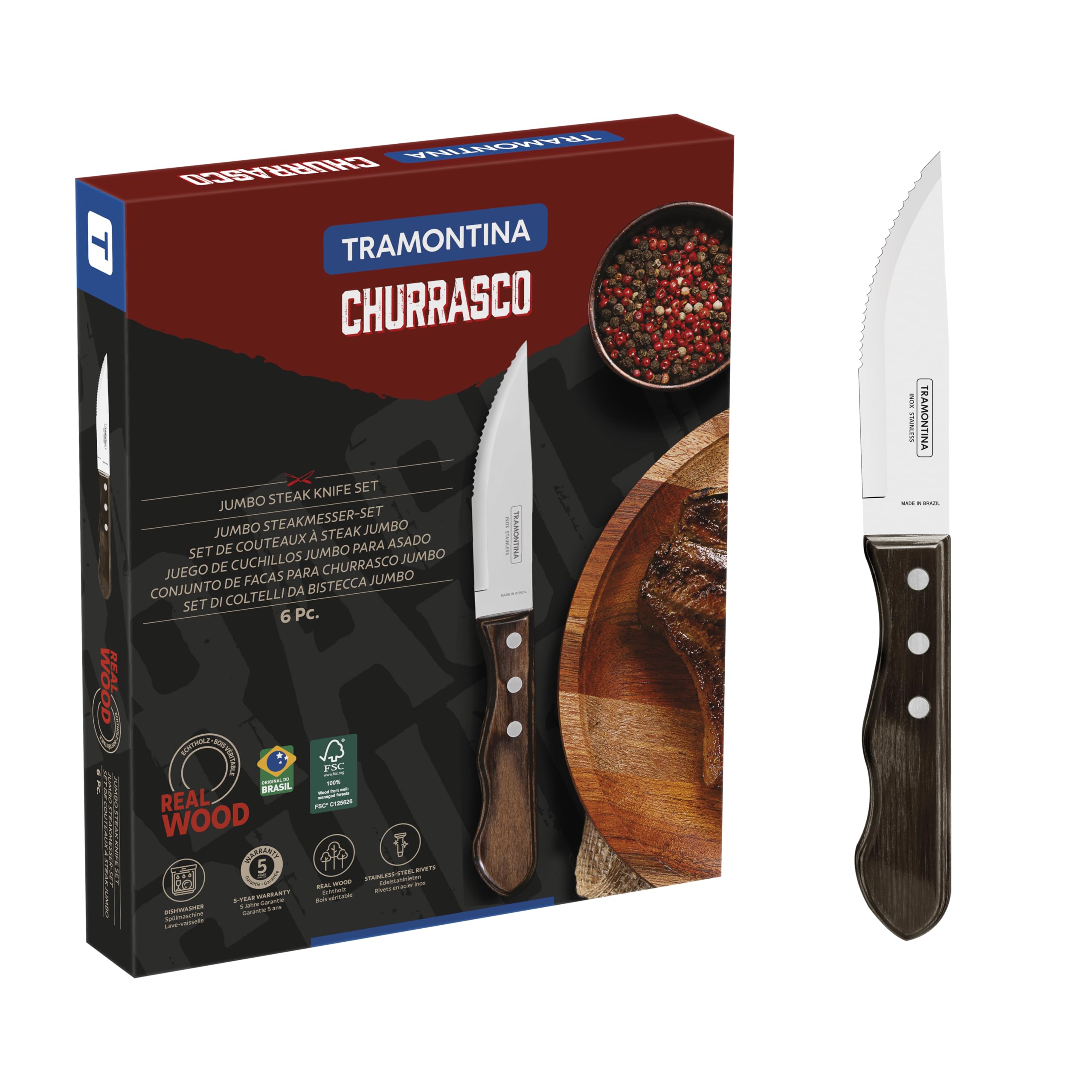 Tramontina - Couteaux à steak Jumbo. 6pcs inox et bois.