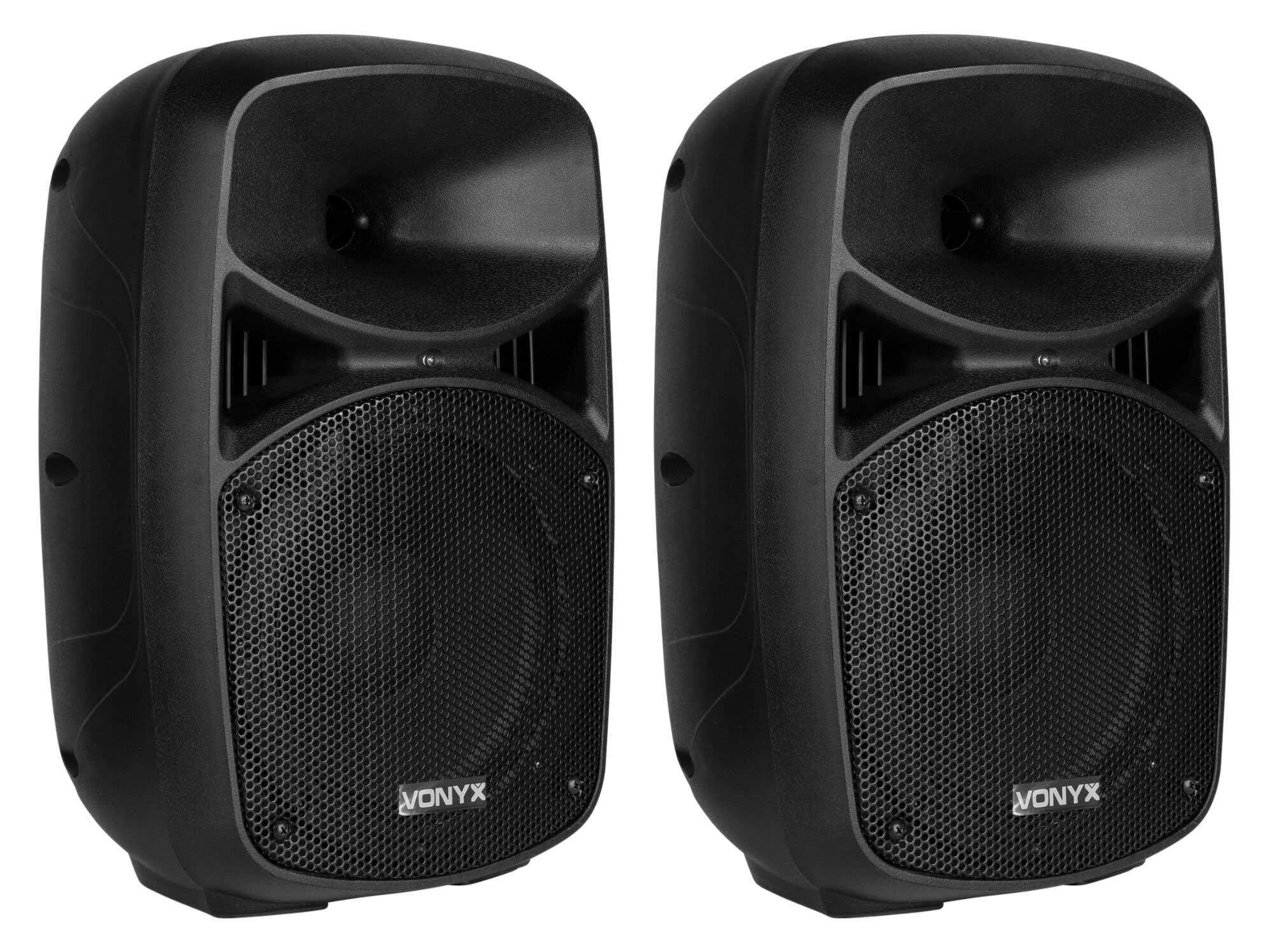 VONYX Pack Sono - Système de Sonorisation 400W avec 2 Enceintes Active et Passive et 2 Supports Réglables, Bluetooth, Idéal pour Les Soirées et Évènements