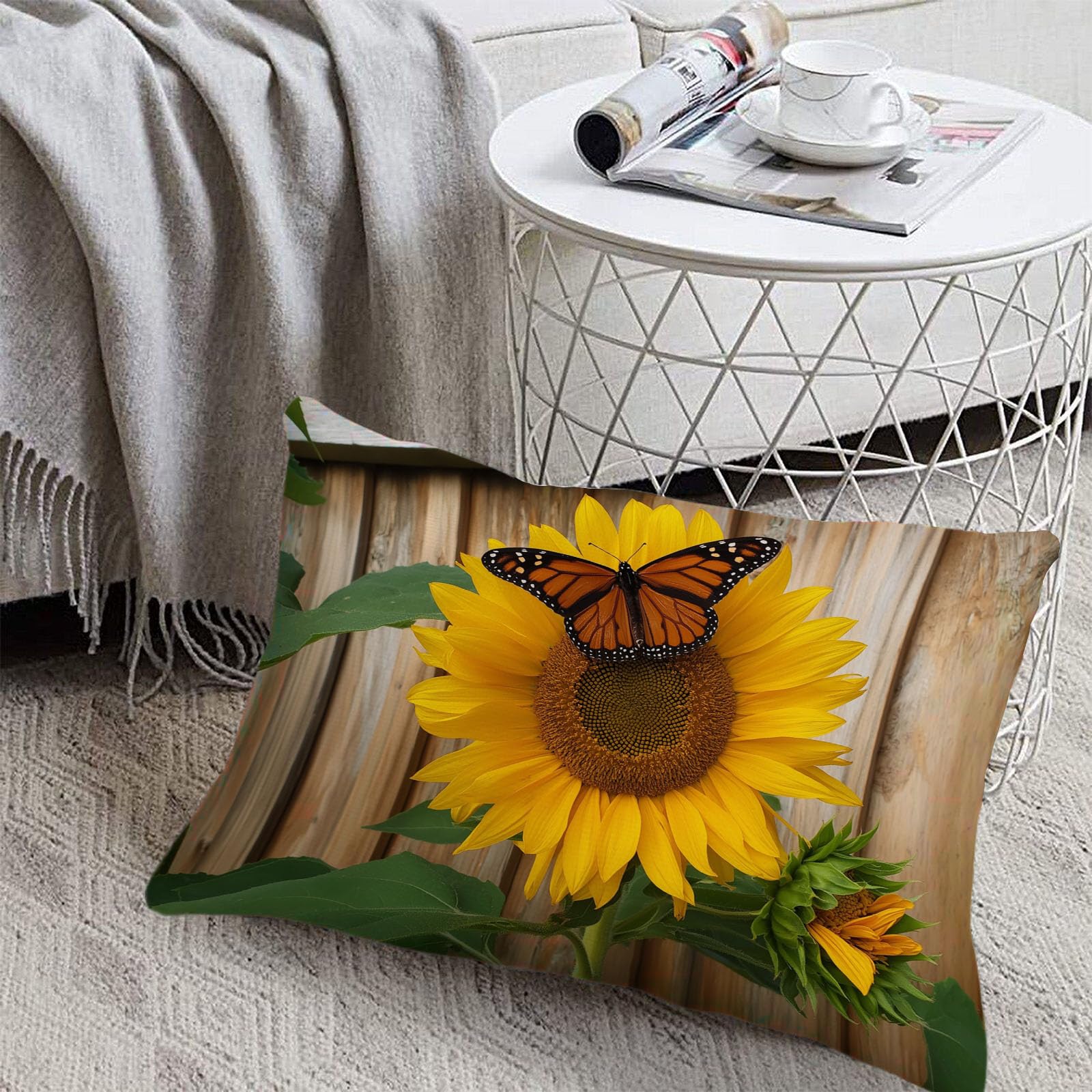 Sábanas 200X190/200Cm - Juego De Sábanas 3 Piezas Estampadas Mariposa Girasol - Microfibra Suave Transpirable - Sábana Bajera Ajustable - Ropa De Cama Plantas Del Campo (Bronceado)