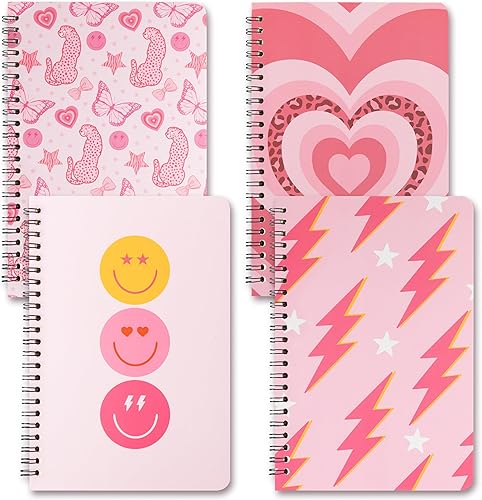 L1rabe 4 cuadernos A5 preppy en espiral Y2K, diario de viaje para niños y adolescentes, linda sonrisa rosa, cuadernos con rayas universitarias para