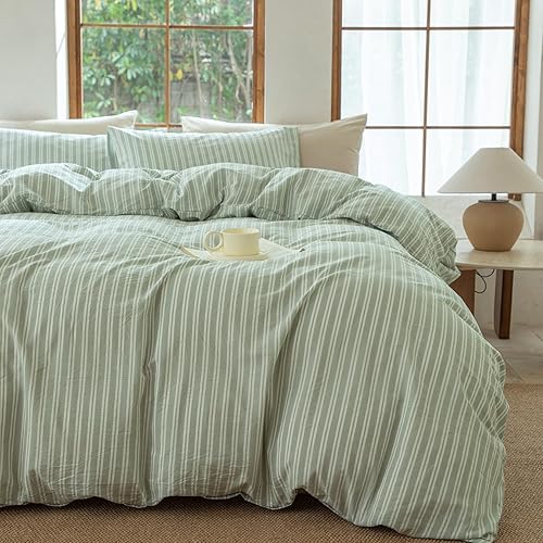 Sage Green and White Striped Duvet Cover,100% Washed Cotton Breathable and Linen Like Bedding Set(Strip-Sage Green/White,Queen)