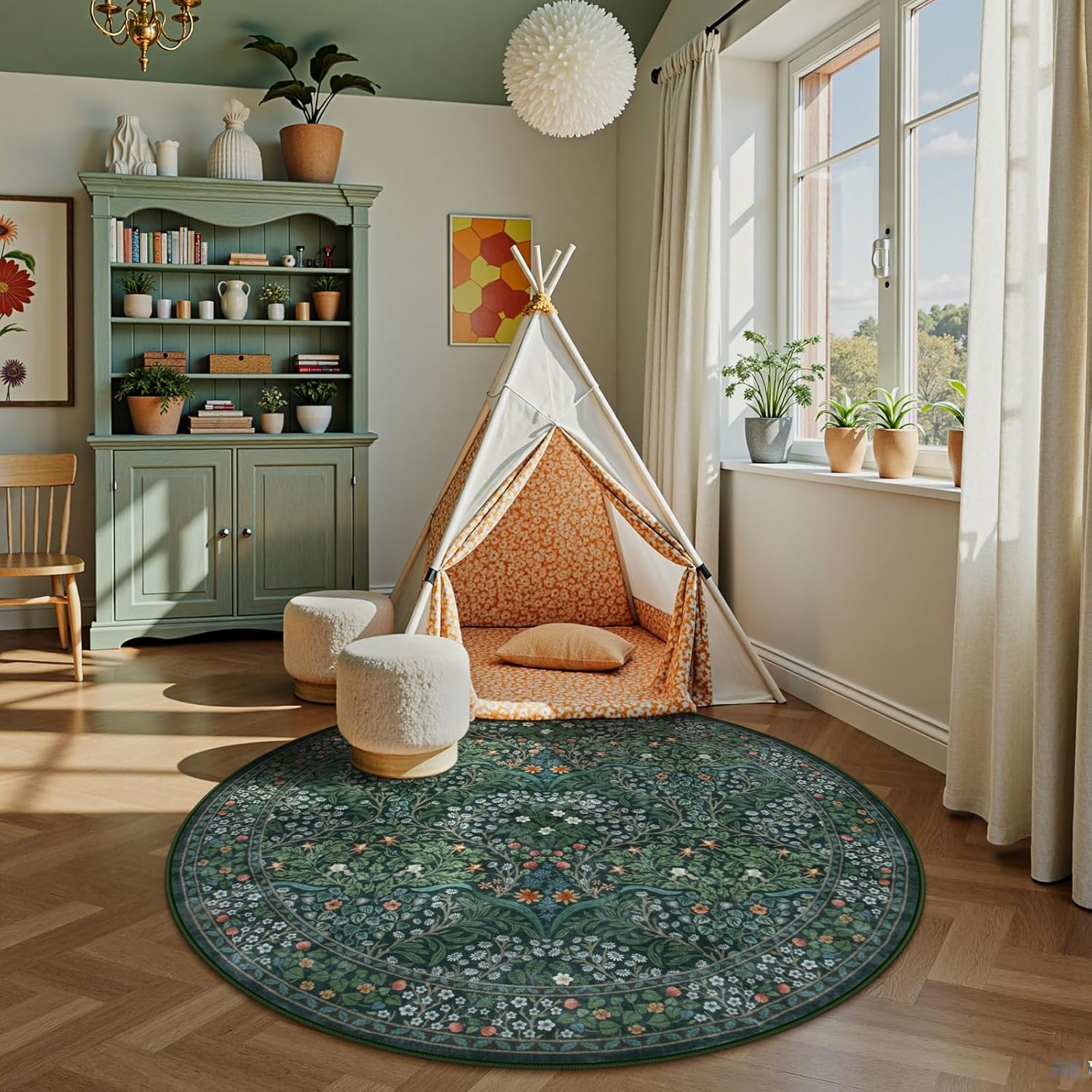 Lahome Floral Washable Round Rugs, Non-Slip Soft Round Rug 4ft Ultra-Thin, Small Stain Resistant Boho Circle Carpet for Entryway Kitchen Bedroom Nursery Bathroom Giverny, Dark Green