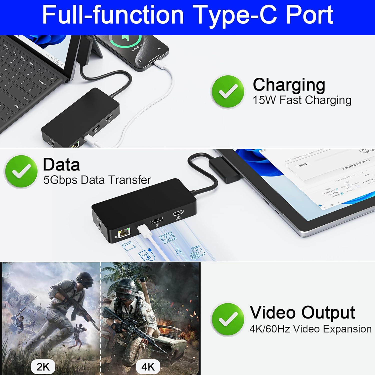 Surface Docking Station 12-in-1, Triple Display 4K@60Hz Dock with HDMI, DP, USB-C, 4-Screen Support, 4 USB Ports, SD/TF, Audio for Surface Pro 11/10/9/8/7, Surface Laptop, Book, Go