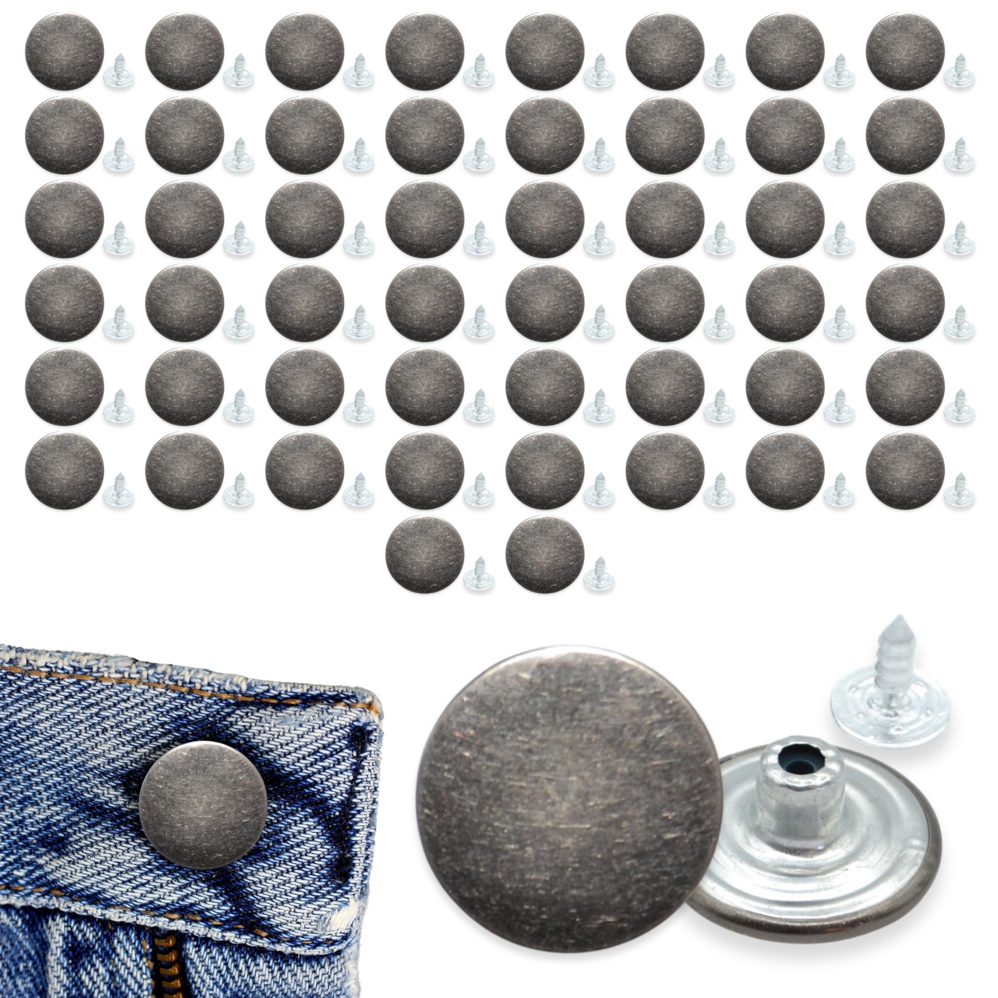 celloexpress 20mm Plain Gun Metal Jean Buttons - Metal Hammer On Studs & Pin Backs - Replacement Parts Jeans Jackets (Pack of 50) โ image 1