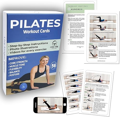 Tarjetas de pilates para entrenamiento en casa - Tarjetas flash con fotos y videos - Opcional para usar con anillo de pilates - 56 tarjetas de