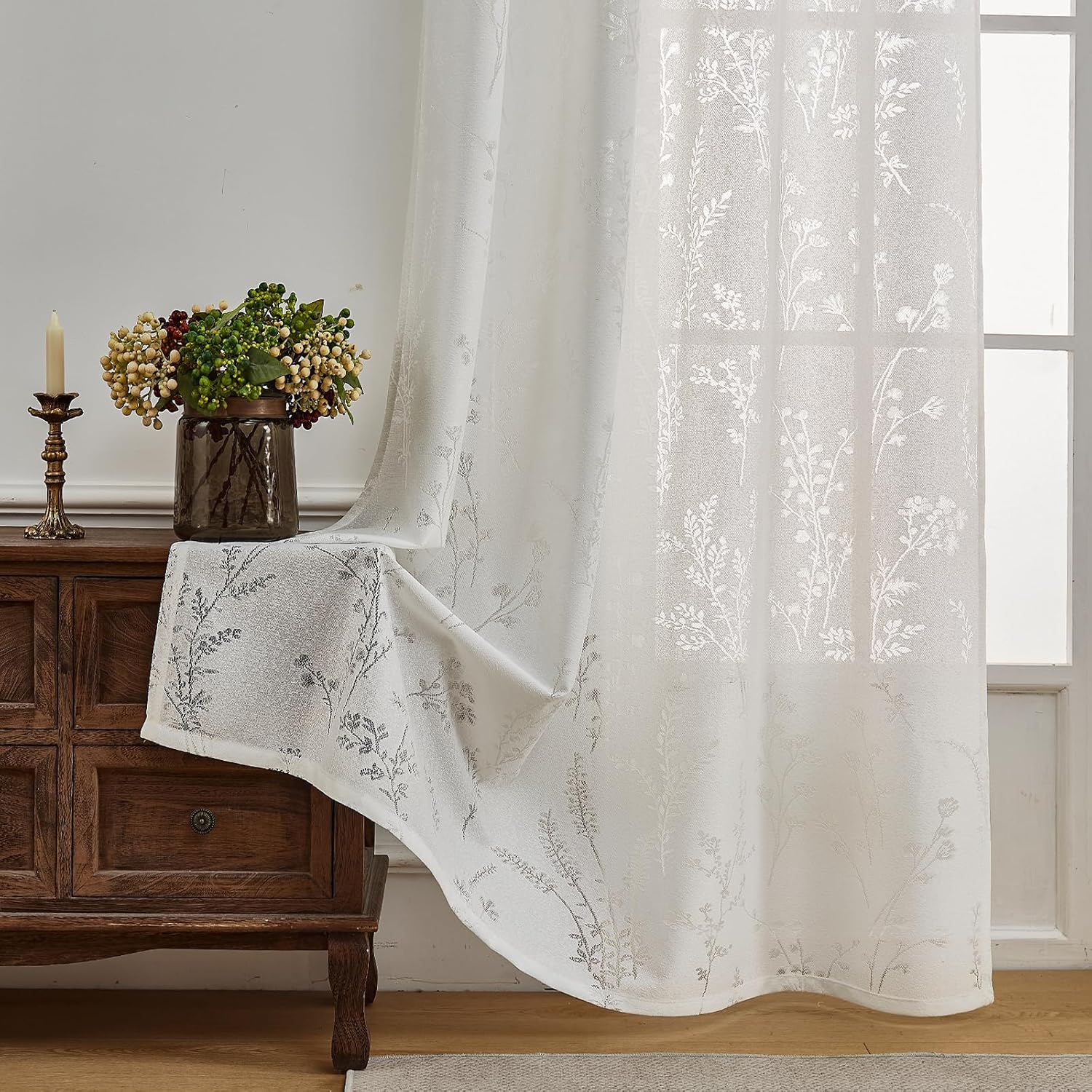 Boho Curtain Sheer 84 Inches Long Lace Western Curtains for Living Room 2 Panels Set Light Filtering Privacy Vintage Sheer Lace Curtains for Bedroom Sliding Door, W55 X L84, Beige