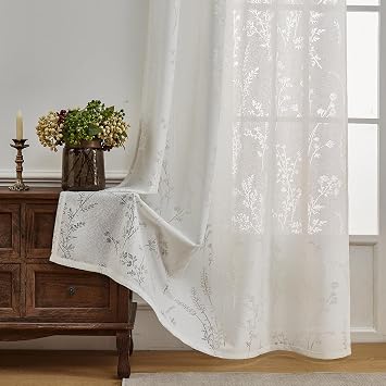 White Lace Sheer Curtains 96 Inches Long Rustic Floral Branch Pattern for Bedroom Light Filtering Sliding Vintage Sheer Lace Curtains for Windows, W55, Ivory