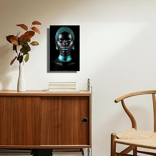 Miniatura 4 de Lwlaboc Arte de pared afroamericano, impresiones en lienzo de niña negra verde azulado, póster moderno de mujer afro, pintura artística negra para