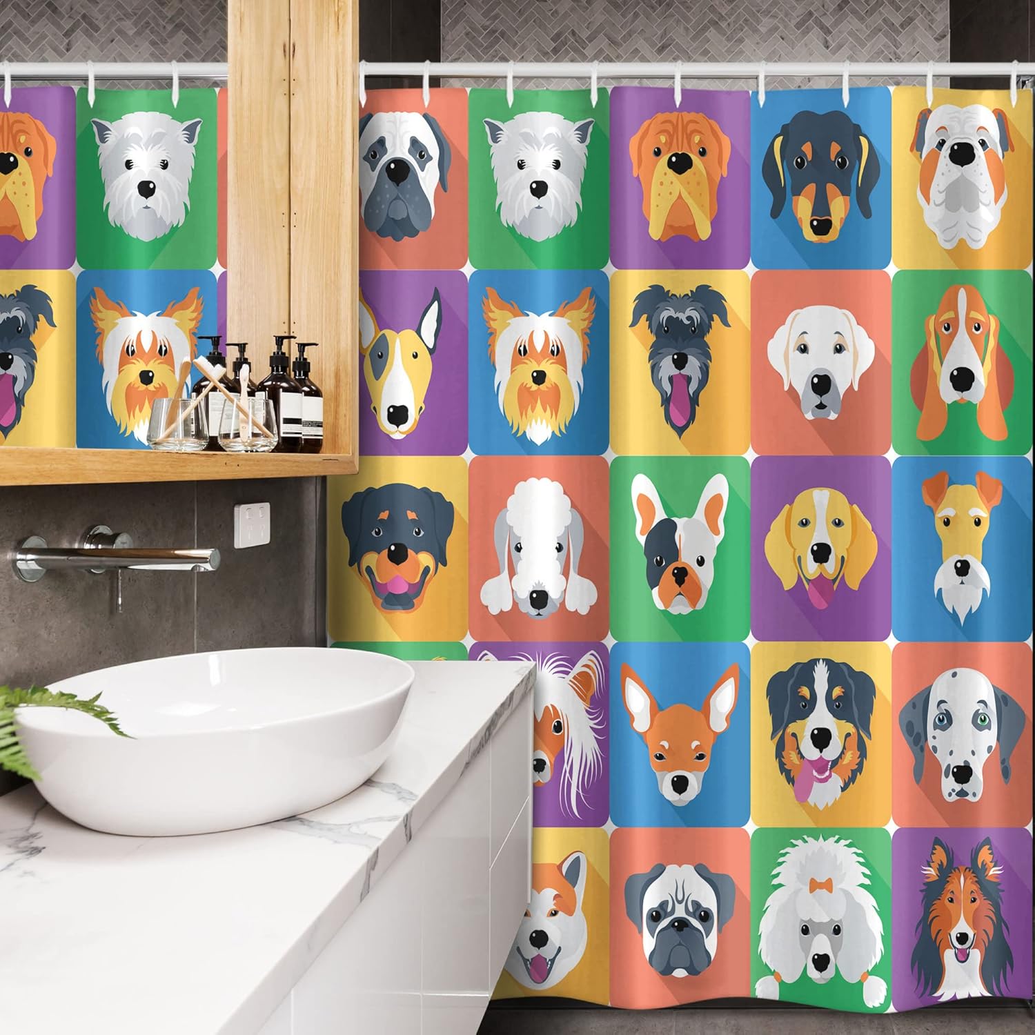 Ambesonne Dog Stall Shower Curtain, Dog Breeds Profiles Pets Shepherd Terrier Labrador Domestic Animals Illustration, Fabric Bathroom Decor Set with Hooks, 54" W x 78" L, Purple Green