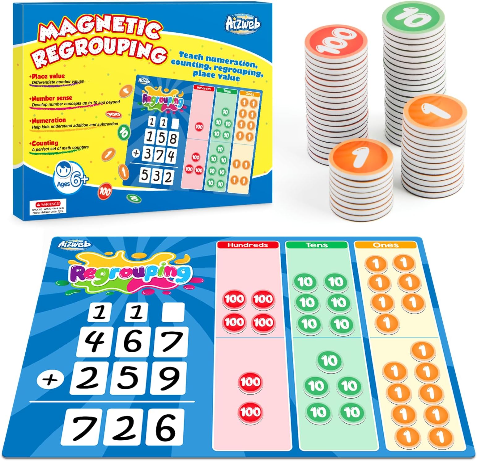 Aizweb Regrouping Base Ten Place Value,Addition and Subtraction Math Manipulatives,Magnetic Dry Erase Board for 1st 2nd 3rd Grade Student Classroom Must Haves,Math Games for Kids Homeschool Supplies