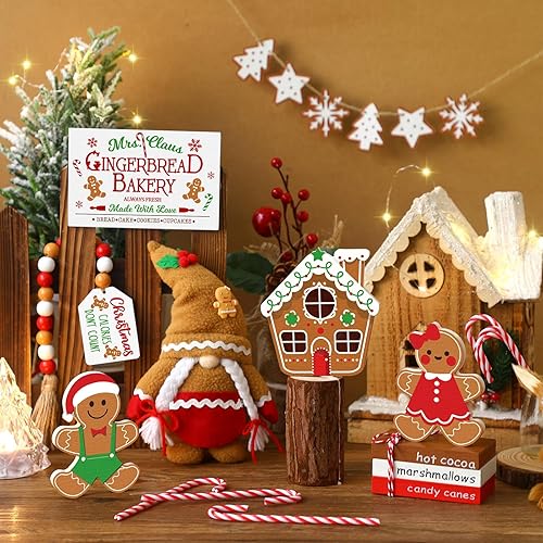Miniatura 5 de Soaoo 16 piezas de bandeja escalonada de Navidad con cadena de luces, letrero de madera de pan de jengibre, decoración rústica de mesa de Navidad,