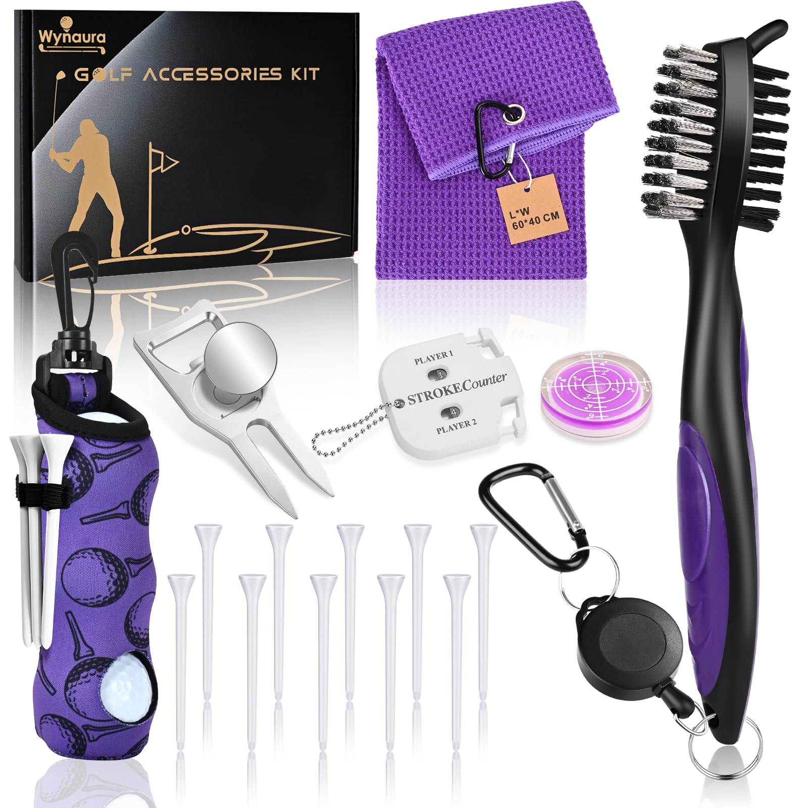 Wynaura 17 Pcs Golf Accessories Kit, Includes Cleaner Brush, Towel, Plastic Tees, Golf Ball Bag with Hook, Ball Marker Divot Tool, Score Counter, Essentials Kit for Women Man Gifts(Purple)