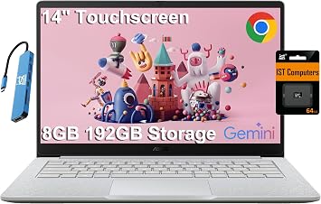 ASUS Chromebook CX1 Laptop 14" FHD Touchscreen, Intel Celeron, 8GB RAM, 192GB Storage 128GB eMMC+64GB SD Card Home & Student, Spill-Resistant, Military Grade, Wi-Fi, IST HUB, Chrome OS, CX1405CKA
