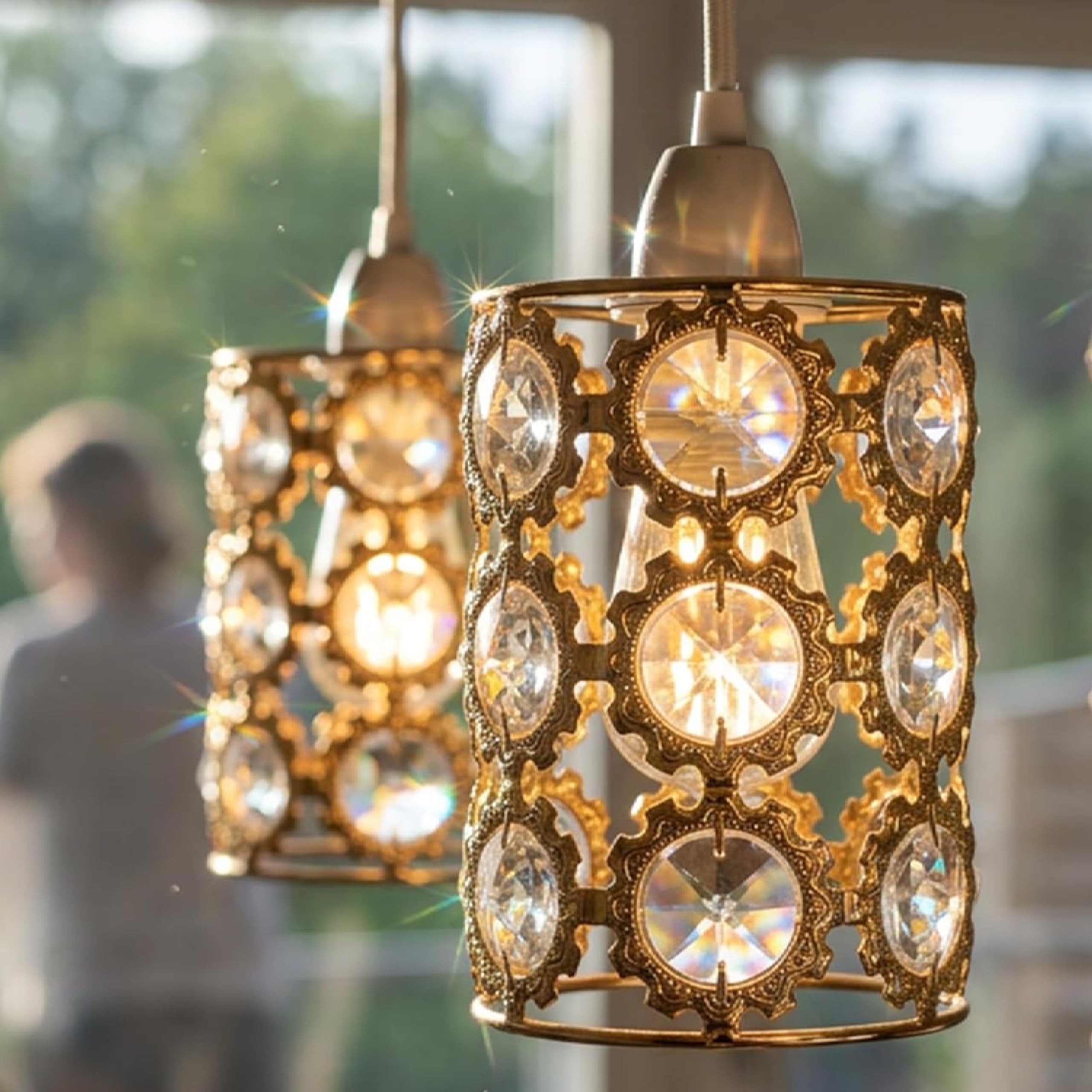 2 Pack Modern Sun Flower French Gold Crystal Pendant Light Shade, Jewels Modern Easy Fit Ceiling Light Shade with Diameter 9 cm - Height 14 cm Lamp Shades for Bedroom Kitchen Living Room