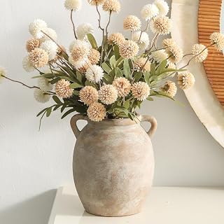 Ceramic Flower Vase 7.6 inch Farmhouse Rustic Vase Decorative Pottery Terracotta Vases for Home Decor Table Mantle Fireplace Living Room Bathroom Wedding Centerpiece (Whitewashed)
