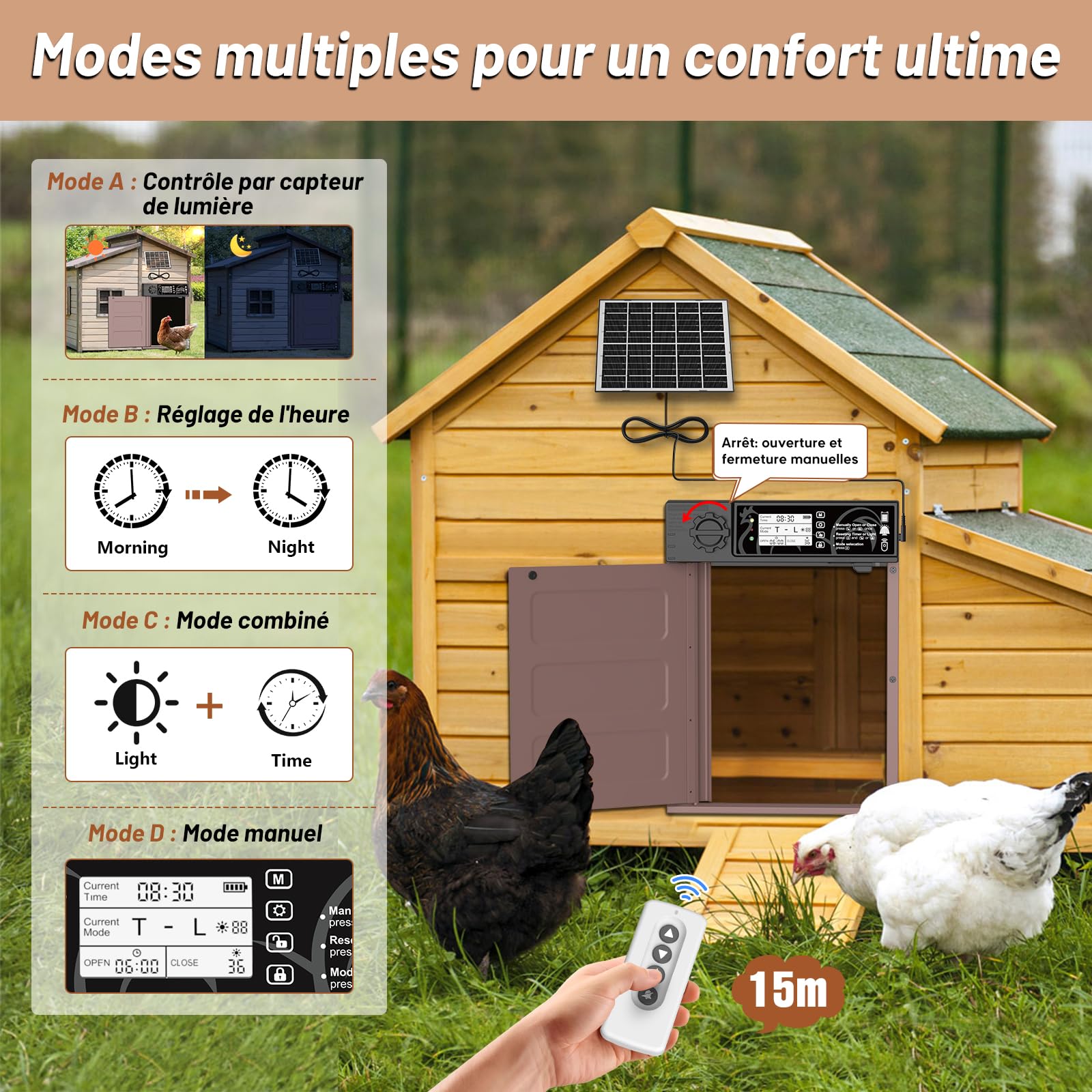 Grande Taille Porte Poulailler Automatique Solaire avec 7W Panneaux Solaires, Écran LCD, Porte Automatique Poulailler en Aluminium avec Capteur de Lumière, Minuterie, Fonction Anti-pincement
