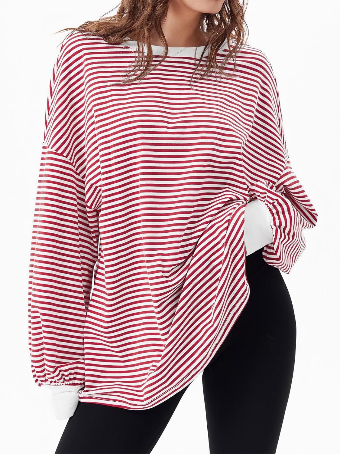 Tankaneo Womens Oversized Long Sleeve T Shirts Striped Color Block Cotton Tunic Tops Loose Fit Fall Crewneck Sweatshirt