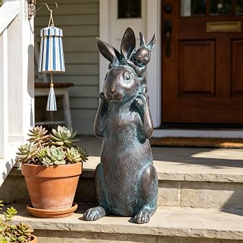 Rabbit Garden Statues Bunny Decorations - Easter Bunny Father with Baby Figurine Easter Gift Dark Gray Garden Spring Bunny Sulpture for Yard Framhouse Outdoor Decor 7*5.25*15.25 in Newman House Studio