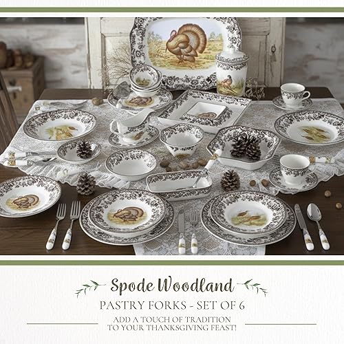 Miniatura 3 de Spode Woodland - Tenedor de pastelería de 6 pulgadas con varios motivos de pájaros, mango de porcelana y tenedor de postre de acero, utensilio