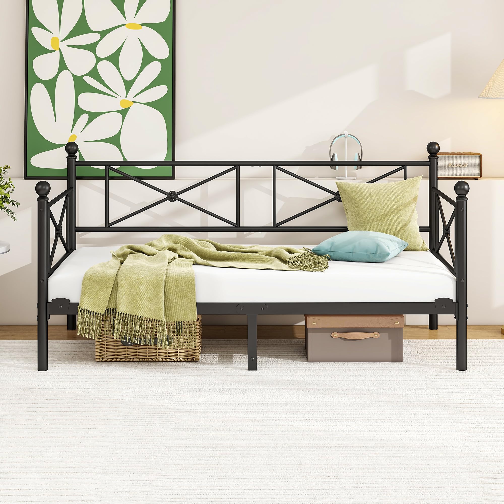 Tagesbett Metallbett 90x200 cm, Einzel Bettsofa mit Kopfteil & Lattenrost, Jugendbett Schweres Metall-Lattenrost zur Matratzenunterstützung, Tagesbett für Wohnzimmer & Schlafzimmer, Schwarz