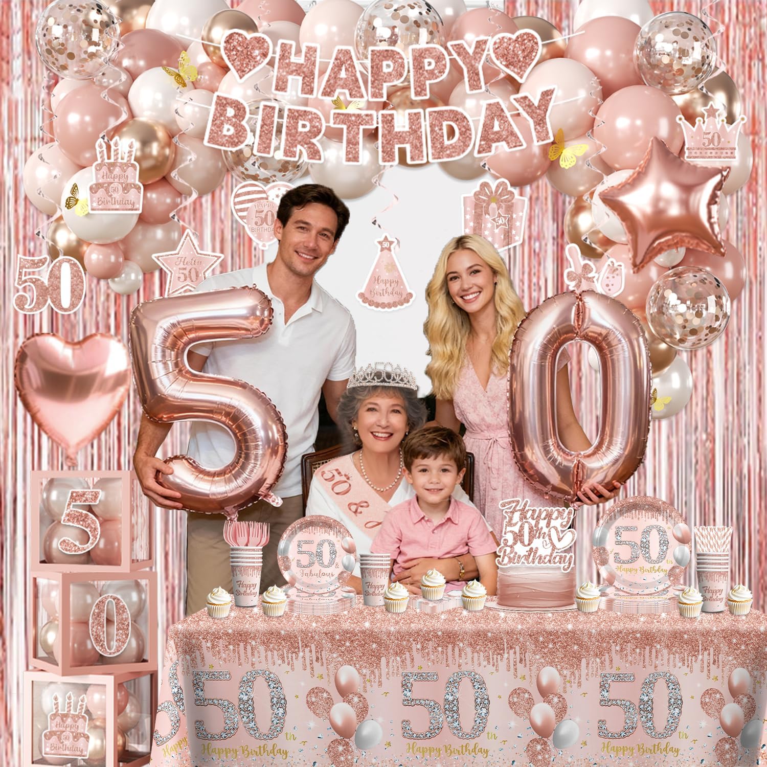 cocomigo 241pcs Rose Gold Happy 50th Birthday Decorations With Crown and Sash, Balloon, Rain Curtains, Plates and Napkins, Service 25 Guests, For Women's 50th Birthday Party