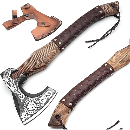 ANCILLA 16″ Viking Axe Hatchet for Camping - Norse Made of Hand-Forged Carbon Steel Blade & Rosewood Handle, Hatchet Comes with Leather Sheath - Tomahawk Viking Prop and Cosplay (Heritage)
