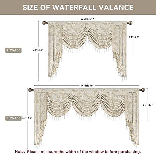 Miniatura 3 de Loom and Mill Cenefa de cascada de jacquard de lujo para sala de estar, elegantes cenefas de ventana de damasco con cuentas, cortinas beige para